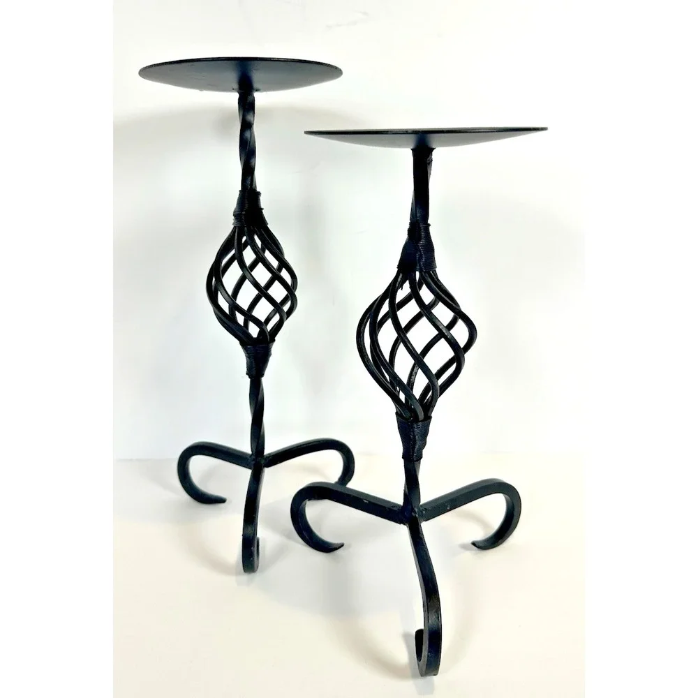 Wrought Iron Candle Holder Set 2 Pedestal Stands Twisted Metal Black